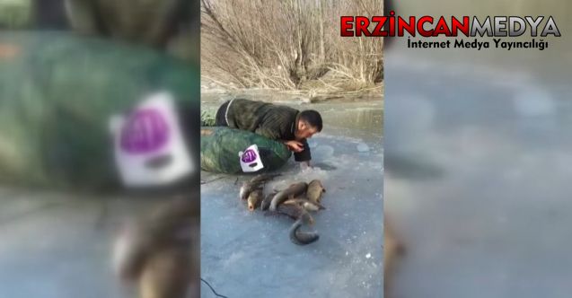 Erzincan’da kış aylarında eksi 20 derecede elle balık avlıyorlar.